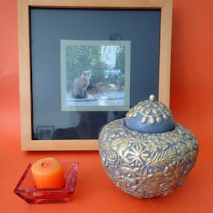 Ceramic Flower Urn, Gold and Grey Ceramic Lidded Jar, Handmade Cat Urn, Handcrafted Pet Urn, Artist Made Dog or Cat Urn, Pet Burial Urn