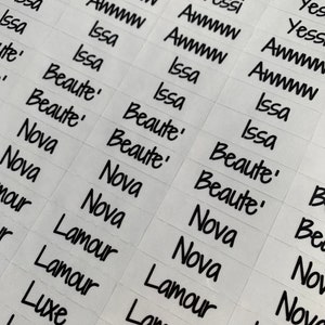 May include: A sheet of white labels with black handwritten text. The labels include the words "Nova", "Lamour", "Beaute'," "Issa", "Yessi", and "Luxe".
