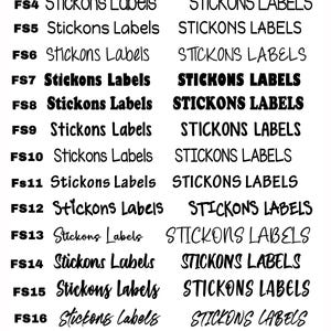 May include: A black text chart displaying nineteen distinct font styles labeled FS1 through FS19. Each row shows the text Stickons Labels in a specific typeface, followed by the same text in all uppercase letters to demonstrate the font variations.