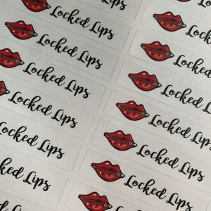 May include: A sheet of white stickers with red lips with a zipper on them. The text "Locked Lips" is written on each sticker.