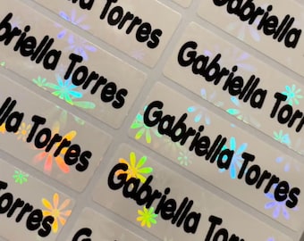 Flower Holographic Rainbow Name Labels: Waterproof school kids Stickers cute