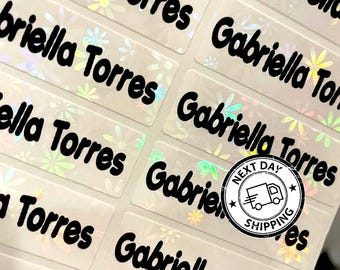 Flower Holographic Rainbow Name Labels: Waterproof school kids Stickers cute