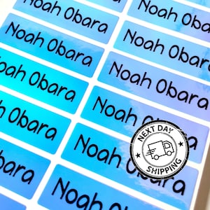 Personalized Waterproof Name Labels: blue Holographic School Stickers custom name tags