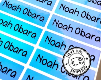 Personalized Waterproof Name Labels: blue Holographic School Stickers custom name tags