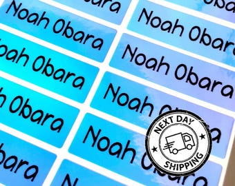 Personalized Waterproof Name Labels: blue Holographic School Stickers custom name tags