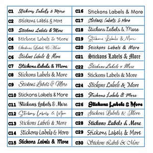 May include: A white grid with black text showing 30 different options for custom labels. Each option is labeled with a number and the text "Stickons Labels & More".