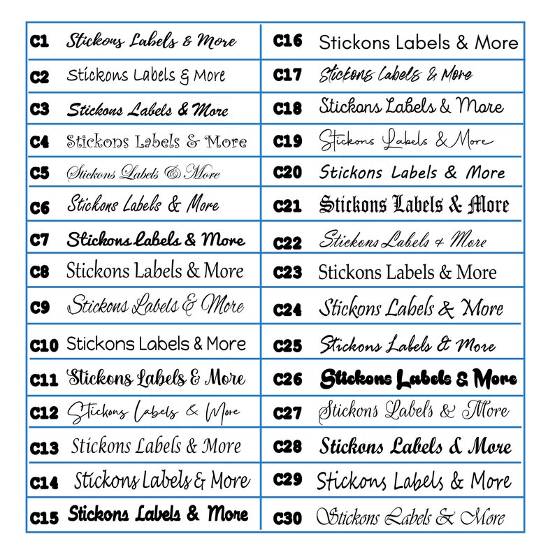 May include: A white grid with black text showing 30 different options for custom labels. Each option is labeled with a number and the text "Stickons Labels & More".