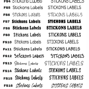 May include: A black text chart displaying nineteen distinct font styles labeled FS1 through FS19. Each row shows the text Stickons Labels in a specific typeface, followed by the same text in all uppercase letters to demonstrate the font variations.