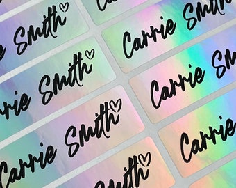 Silver Hologram Waterproof Name Stickers: Personalized School Labels