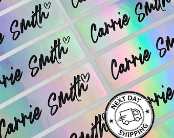 Silver Hologram Waterproof Name Stickers: Personalized School Labels