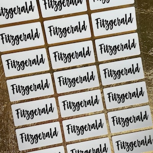 以下が含まれることがあります： 白い長方形のラベルが複数あり、黒い筆記体で「Fitzgerald」と書かれている。