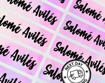 Pink holographic  Personalized Waterproof Name Labels: Unicorn Rainbow custom School Stickers name tags
