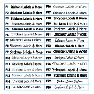 May include: A white grid with black text showing 30 different sticker label designs. Each design features the text "Stickons Labels & More" with variations in font style, size, and capitalization.