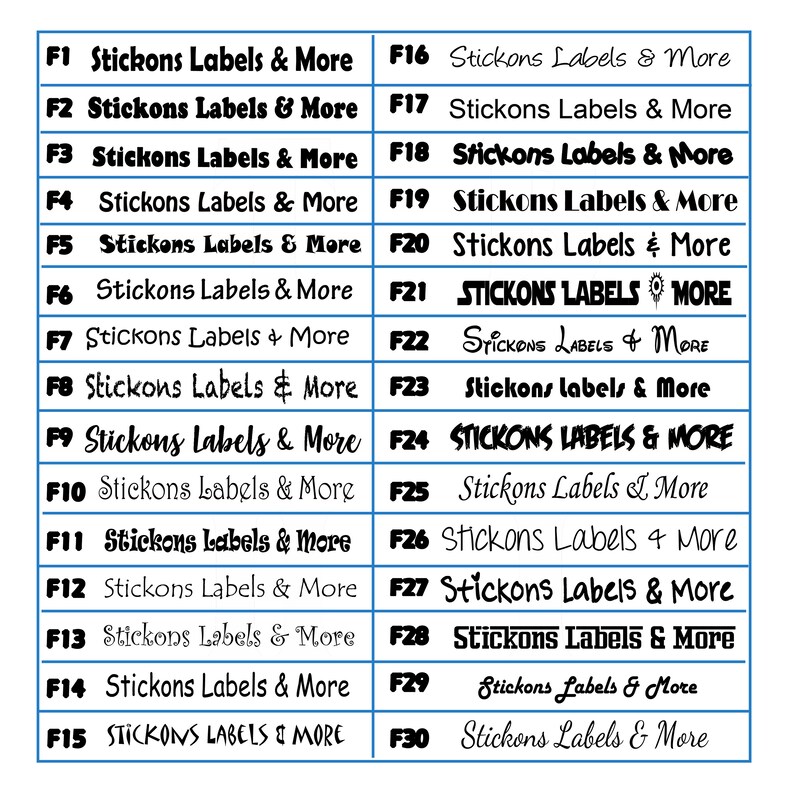 May include: A white grid with black text showing 30 different sticker label designs. Each design features the text "Stickons Labels & More" with variations in font style, size, and capitalization.