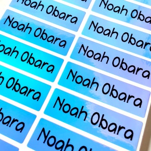 Personalized Waterproof Name Labels: blue Holographic School Stickers