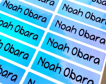 Personalized Waterproof Name Labels: blue Holographic School Stickers custom name tags