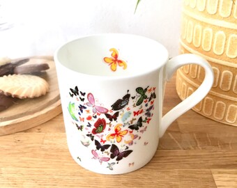 Butterfly Heart Bone China Mug - yellow and red butterfly inside