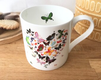 Butterfly Heart Bone China Mug - green and black butterfly inside