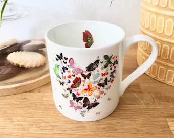 Butterfly Heart Bone China Mug - red and green butterfly inside