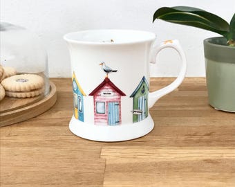 Beach Hut Bone China Mug with Green Deck Chair on the Inside | Small Tankard Style Mug | Seaside Lover Gift | Seaside Mug | Beach Hut Mug