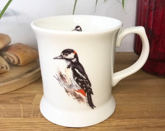 Woodpecker Bone China Mug: Hand Decorated Small Tankard
