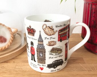 London Bone China Mug - Fish & Chips inside