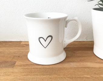 Simple Scribble Black & White Heart Bone China Small Tankard Style Mug
