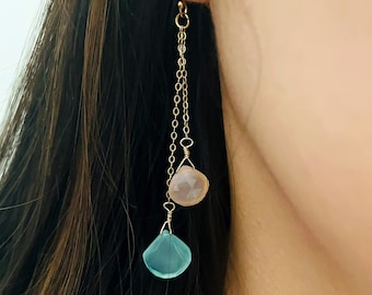 Boucles d'oreilles pendantes calcédoine turquoise et pêche, or 14 carats, pierre de naissance d'octobre, boucles d'oreilles pendantes calcédoine, bijoux de tous les jours