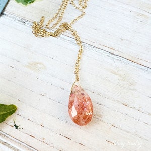 Sunstone Petite Teardrop Necklace, 14k Gold Filled, OOAK, Layering, Delicate Necklace, Sunstone gemstone, Orange Sunstone, Golden Sunstone
