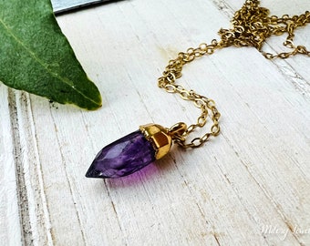 Petit collier à pendentif améthyste en or vermeil, or 14 carats, superposition de bijoux, collier en cristal d'améthyste, pierre de naissance de février, cadeau
