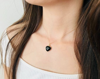 Black Onyx Heart Gold Bezel Pendant Necklace, 14k Gold Filled Chain, Heart Necklace, Heart Shaped Pendant, Black Heart Pendant