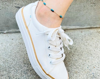 Bracelet de cheville bleu turquoise – Bracelet de cheville délicat en perles et chaîne en or, bijoux en cristal bohème, cadeau d'été pour elle