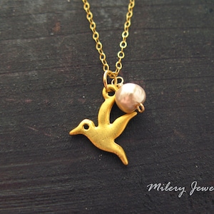 Gold Bird Charm, Freshwater Pearl, Pendant Necklace, 14k Gold Filled, Gold Charm Jewelry, Dove Jewelry, Swallow Jewelry, Gold Vermeil