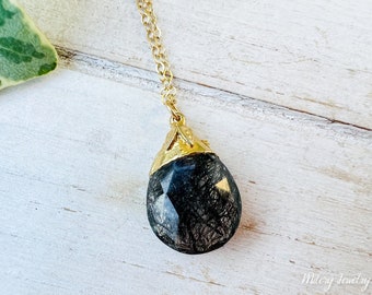 LAST ONE Black Rutilated Quartz Necklace, Black Tourmalinated, Black Quartz, Gold Vermeil, Rutilated Quartz, Statement Necklace, OOAK