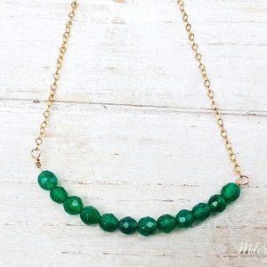 Green Onyx Beaded Bar Pendant, 14K Gold Filled Necklace, May Birthstone, Layering Jewelry, Everyday Jewelry, Bar Necklace