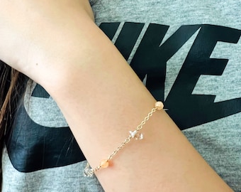 Delicate Herkimer Diamond & Peach Moonstone Bracelet, 14k Gold Filled, Layering Bracelet, Raw Healing Crystal, Gift for Her