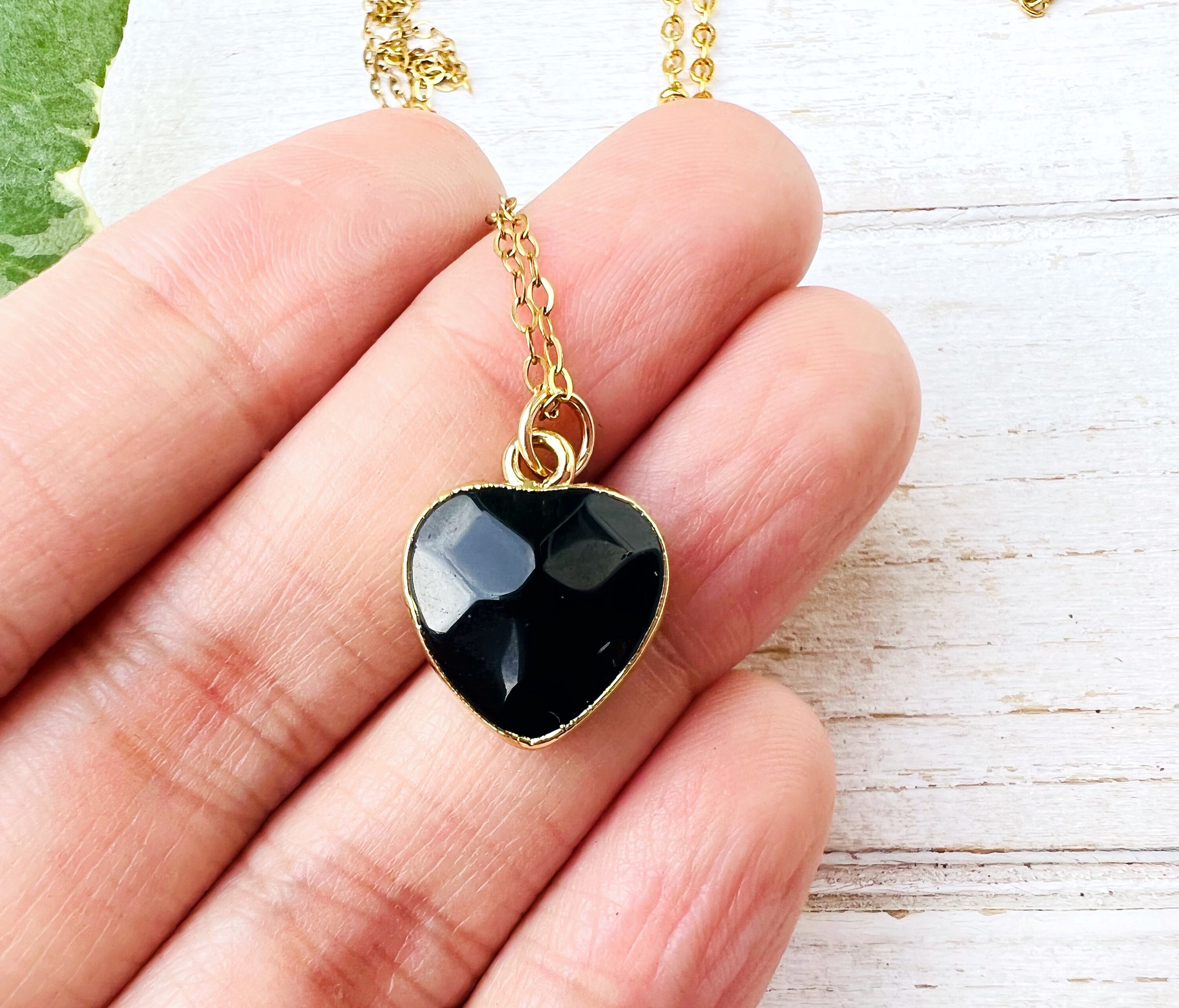 Black Onyx Heart Gold Bezel Pendant Necklace, 14k Gold