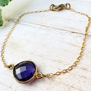Delicate Amethyst Bezel Bracelet, 14k Gold Filled, Gold Vermeil, Amethyst Charm, February Birthstone, Dainty, Petite Bracelet