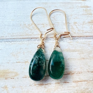 Dainty Moss Agate Gold Drop Earrings, 14K Gold Filled Hooks, Green Moss Agate Earrings, Delicate earrings, Minimalist Gemstone Earrings
