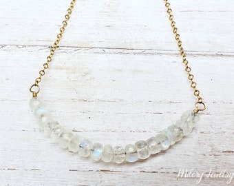 Rainbow Moonstone Rondelle Bar Necklace, 14k Gold Filled, June Birthstone, Bar Pendant Necklace, Delicate Moonstone Bar, Stacking Necklace
