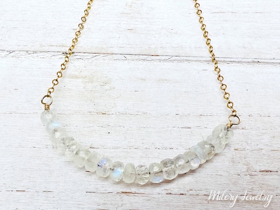 Rainbow Moonstone Rondelle Bar Necklace, 14k Gold Filled, June Birthstone, Bar Pendant Necklace, Delicate Moonstone Bar, Stacking Necklace