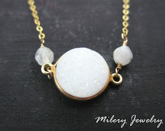 White Agate Druzy Bezel Pendant Necklace, 14K Gold Filled, Gold Vermeil, Everyday Jewelry, Layering Necklace, Delicate Jewelry