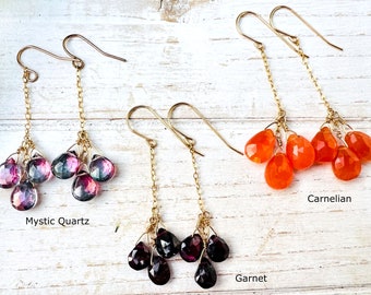 Gemstone Cluster Long Dangle Earrings, 14k Gold filled, Mystic Quartz, Carnelian, Garnet, OOAK Jewelry, Delicate, Gift for Her