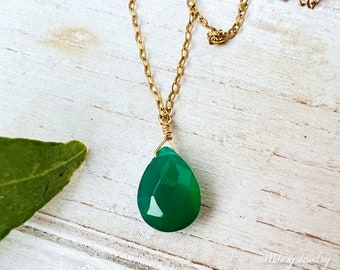 Green Onyx Teardrop Necklace • 14K Gold Filled Dainty May Birthstone