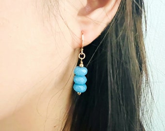 Stacked Gemstone Earrings – Aquamarine & Strawberry Quartz, Dainty Drop Earrings, Handmade Gift for Her