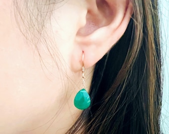Boucles d'oreilles pendantes en onyx vert, or 14 carats, lunette verte, bijoux en émeraude, pierre de naissance en mai, cadeau pour elle