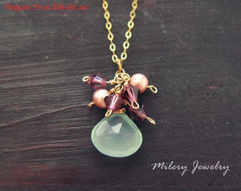 SALE Aqua Chalcedony, Freshwater Pearl,  Swarovski Amethyst Cluster Pendant Necklace, 14K Gold Filled, October Birhstone, Cluster Charm