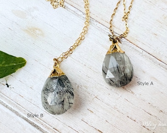 Rutilated Quartz Pendant Necklace, 14k Gold Filled, Black Tourmalinated, White Black Quartz Gemstone, Gold Vermeil, OOAK, Dainty, Layering
