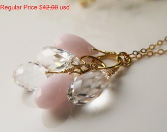 SALE Pink Quartz, Clear Quartz, Swarovski Cluster Charm Pendant Necklace,14k Gold Filled, Cluster Necklace,Layering Jewelry, Swarovski Charm