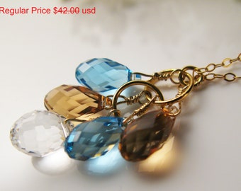 SALE Multi Quartz, Aquamarine, Swarovski Cluster Charm, Pendant Necklace,14k Gold Filled,March Birthstone, Cluster Charm, Braidsmaid Jewelry